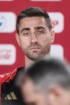 Belgium s goalkeeper Koen Casteels pictured during a press conference, PK, Pressekonferenz of Belgian national soccer team Red Devils, Thursday 13 June 2024 at their base camp in Freiberg am Neckar, Germany, in preparation of the UEFA EURO, EM, Europameisterschaft,Fussball 2024 European Soccer Championships. The Red Devils play in Group F at the Euro 2024 European Championships in Germany. BRUNOxFAHY  x94465528x
