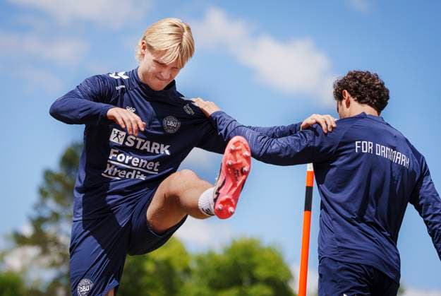 Danish players Kasper Dolberg L and Thomas Delaney during the national team s training in Freudenstadt, Germany, Thursday, June 13, 2024 Denmark plays its first match on Sunday against Slovenia in the EURO 2024 Group C Photo Liselotte Sabroe Ritzau Scanpix , Freudenstadt Germany  Copyright: Ritzau Scanpix LiselottexSabroex spdk20240613-124217-L