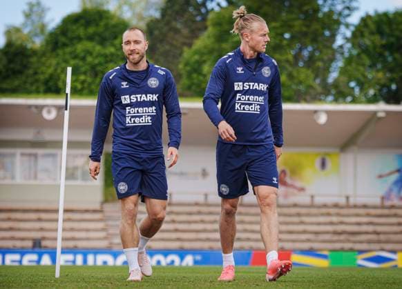 Danish players Christian Eriksen L and Simon Kjaer during the national team s training in Freudenstadt, Germany, Thursday, June 13, 2024 Denmark plays its first match on Sunday against Slovenia in the EURO 2024 Group C Photo Liselotte Sabroe Ritzau Scanpix , Freudenstadt Germany  Copyright: Ritzau Scanpix LiselottexSabroex spdk20240613-124557-L