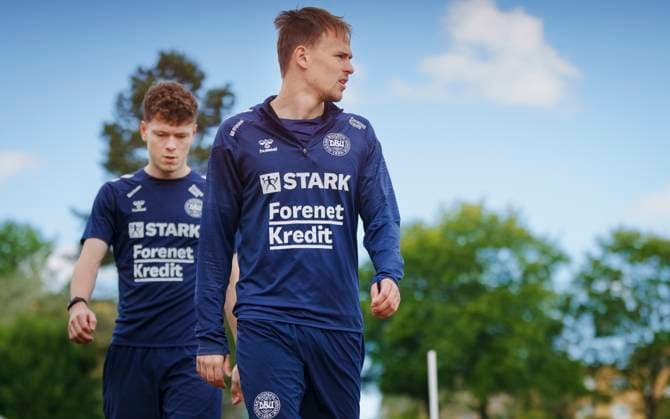 Danish players Mikkel Damsgaard R and Andreas Skov Olsen during the national team s training in Freudenstadt, Germany, Thursday, June 13, 2024 Denmark plays its first match on Sunday against Slovenia in the EURO 2024 Group C Photo Liselotte Sabroe Ritzau Scanpix , Freudenstadt Germany  Copyright: Ritzau Scanpix LiselottexSabroex spdk20240613-125757-L
