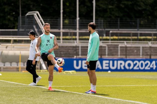 EURO 2024, Nationalteam Österreich, Training SOCCER - UEFA EURO, EM, Europameisterschaft,Fussball 2024 BERLIN,GERMANY,13.JUN.24 - SOCCER -UEFA EURO 2024, OEFB, Oesterreichischer Fussball-Bund, training. Image shows Marko Arnautovic and Florian Grillitsch (AUT). GEPAxpictures xJohannesxFriedl