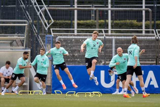 EURO 2024, Nationalteam Österreich, Training SOCCER - UEFA EURO, EM, Europameisterschaft,Fussball 2024 BERLIN,GERMANY,13.JUN.24 - SOCCER -UEFA EURO 2024, OEFB, Oesterreichischer Fussball-Bund, training. Image shows Alexander Prass (AUT) and the team of AUT. GEPAxpictures xJohannesxFriedl