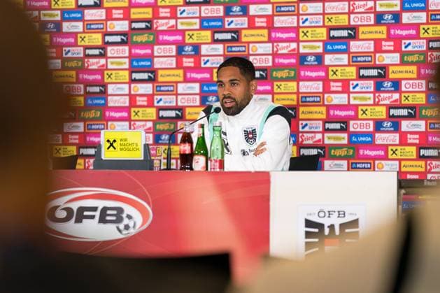 SOCCER - UEFA EURO, EM, Europameisterschaft,Fussball 2024 BERLIN,GERMANY,13.JUN.24 - SOCCER -UEFA EURO 2024, OEFB, Oesterreichischer Fussball-Bund, press conference, PK, Pressekonferenz Image shows Phillipp Mwene (AUT). GEPAxpictures xJohannesxFriedl