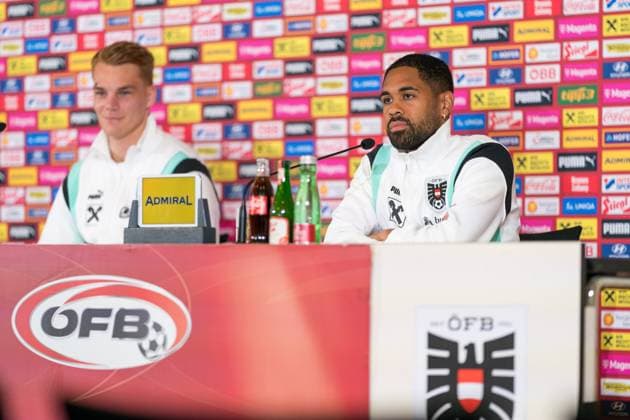 SOCCER - UEFA EURO, EM, Europameisterschaft,Fussball 2024 BERLIN,GERMANY,13.JUN.24 - SOCCER -UEFA EURO 2024, OEFB, Oesterreichischer Fussball-Bund, press conference, PK, Pressekonferenz Image shows Philipp Lienhart and Phillipp Mwene (AUT). GEPAxpictures xJohannesxFriedl