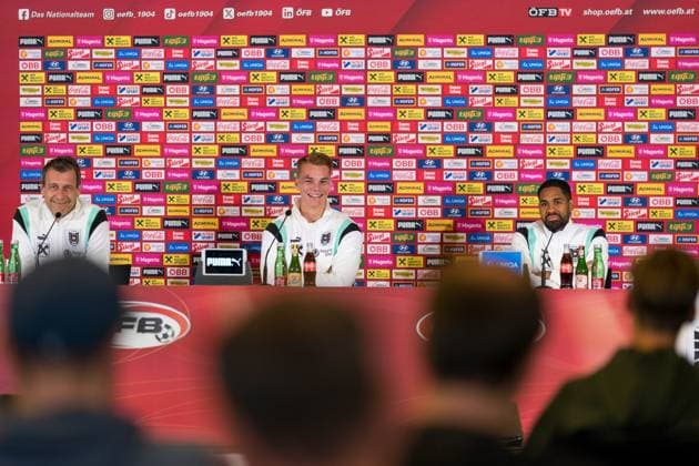 SOCCER - UEFA EURO, EM, Europameisterschaft,Fussball 2024 BERLIN,GERMANY,13.JUN.24 - SOCCER -UEFA EURO 2024, OEFB, Oesterreichischer Fussball-Bund, press conference, PK, Pressekonferenz Image shows Philipp Lienhart and Phillipp Mwene (AUT). GEPAxpictures xJohannesxFriedl