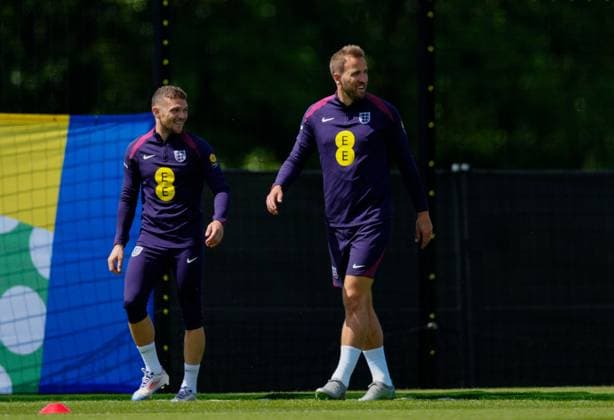 Harry Kane and Kieran Trippier of England England Training Session and press conference, PK, Pressekonferenz UEFA European Championship, EM, Europameisterschaft 2024, Group C, Football, Spa & Golf Resort Weimarer Land, Blankenhain, Germany, 13 Jun 2024 EDITORIAL USE ONLY No use with unauthorised audio, video, data, fixture lists, club league logos or live services. Online in-match use limited to 120 images, no video emulation. No use in betting, games or single club league player publications.  Copyright: xDavexShopland Shutterstockx 14523765co