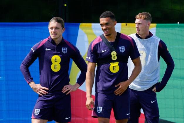 Lto r Conor Gallagher ,Trent Alexander-Arnold and Cole Palmer of England England Training Session and press conference, PK, Pressekonferenz UEFA European Championship, EM, Europameisterschaft 2024, Group C, Football, Spa & Golf Resort Weimarer Land, Blankenhain, Germany, 13 Jun 2024 EDITORIAL USE ONLY No use with unauthorised audio, video, data, fixture lists, club league logos or live services. Online in-match use limited to 120 images, no video emulation. No use in betting, games or single club league player publications. Copyright: xDavexShopland Shutterstockx 14523765cx