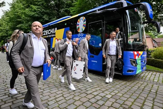 Arrival of the Czech national soccer team at the European Championships, Norderstedt, Germany, June 13, 2024. On the left is the president of the Czech Football Association Petr Fousek. (CTKxPhoto VitxSimanek) CTKPhotoP2024061305620  CTKPhotoP2024061305620