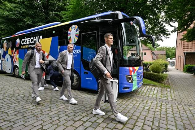 Arrival of the Czech national soccer team at the European Championships, Norderstedt, Germany, June 13, 2024. From right: striker Patrik Schick and goalkeepers Jindrich Stanek and Vitezslav Jaros. (CTKxPhoto VitxSimanek) CTKPhotoP2024061305817  CTKPhotoP2024061305817