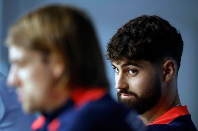 The Croatian players Josko Gvardiol and Borna Sosa (L) during the press conference, PK, Pressekonferenz offered in Neuruppin, Germany, 13 June 2024. Croatian national team, Nationalteam press conference !ACHTUNG: NUR REDAKTIONELLE NUTZUNG!  Copyright: xAlbertoxEstevezx GRAF176 20240613-55013861853_1