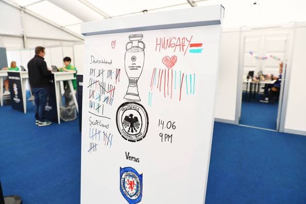 A board with match result predictions between Germany and Scotland is seen in the accreditation centre in Cologne UEFA European Championship, EM, Europameisterschaft 2024 Previews, Football, Cologne, Germany, 13 Jun 2024 EDITORIAL USE ONLY No use with unauthorised audio, video, data, fixture lists, club league logos or live services. Online in-match use limited to 120 images, no video emulation. No use in betting, games or single club league player publications. Copyright: xMichaelxZemanek Shutterstockx 14537875c