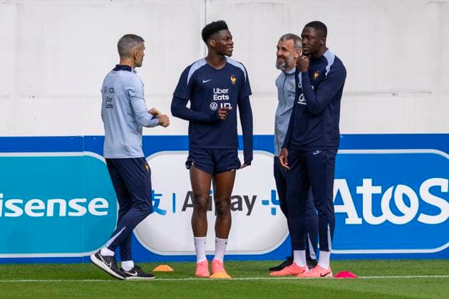 Football France national team, public training on 13 06 2024 in Paderborn before the start of Euro 2024 in Germany Aurelien Tchouameni l and Ibrahima Konate complete an individual training session Important note In accordance with FIFA or UEFA regulations, it is prohibited to use or have used photographs taken in the stadium and or of the match in the form of sequential images and or video-like photo series Foto Kirchner Media DI Copyright: xKirchner-Media DIx