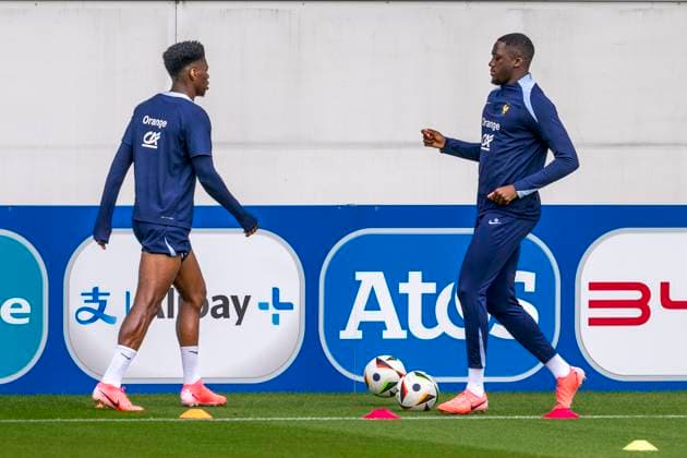 Football France national team, public training on 13 06 2024 in Paderborn before the start of Euro 2024 in Germany Aurelien Tchouameni l and Ibrahima Konate complete an individual training session Important note In accordance with FIFA or UEFA regulations, it is prohibited to use or have used photographs taken in the stadium and or of the match in the form of sequential images and or video-like photo series Foto Kirchner Media DI Copyright: xKirchner-Media DIx