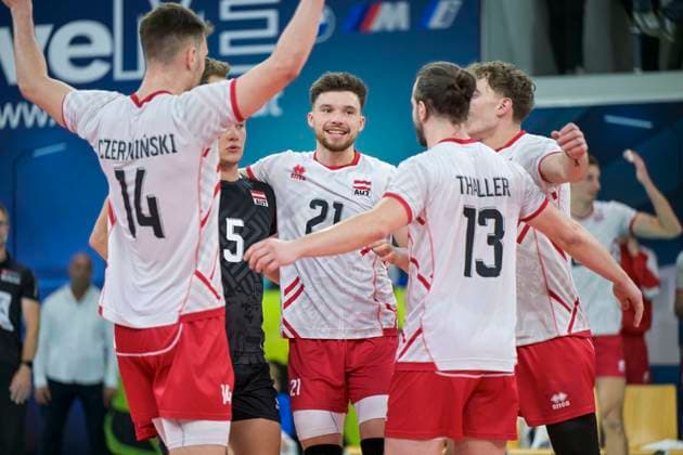 VOLLEYBALL - CEV Silver League RIED,AUSTRIA,13.JUN.24 - VOLLEYBALL - CEV European Silver League, men, OEVV international match, Länderspiel, Nationalmannschaft Austria vs Israel. Image shows the rejoicing of team AUT.  GEPAxpictures xChristianxMoser