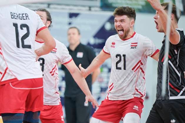 VOLLEYBALL - CEV Silver League RIED,AUSTRIA,13.JUN.24 - VOLLEYBALL - CEV European Silver League, men, OEVV international match, Länderspiel, Nationalmannschaft Austria vs Israel. Image shows the rejoicing of Clemens Ecker (AUT).  GEPAxpictures xChristianxMoser