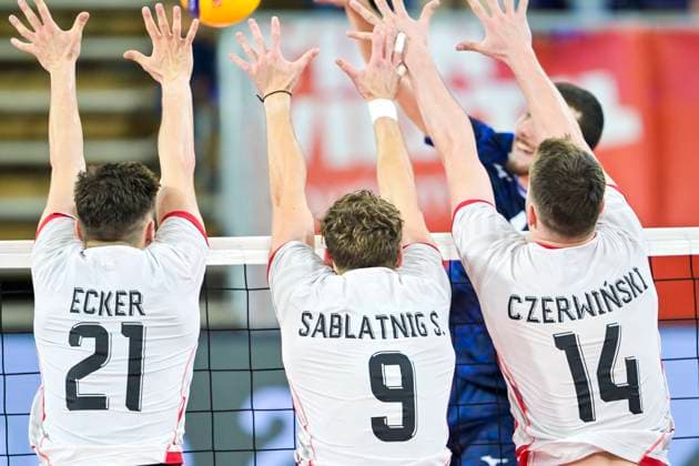 VOLLEYBALL - CEV Silver League RIED,AUSTRIA,13.JUN.24 - VOLLEYBALL - CEV European Silver League, men, OEVV international match, Länderspiel, Nationalmannschaft Austria vs Israel. Image shows Clemens Ecker, Sebastian Sablatnig and Michael Czerwinski (AUT).  GEPAxpictures xChristianxMoser