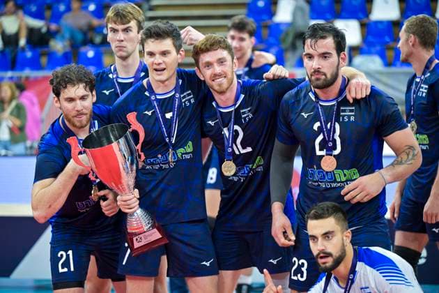 VOLLEYBALL - CEV Silver League RIED,AUSTRIA,13.JUN.24 - VOLLEYBALL - CEV European Silver League, men, OEVV international match, Länderspiel, Nationalmannschaft Austria vs Israel. Image shows the rejoicing of team ISR.  GEPAxpictures xChristianxMoser