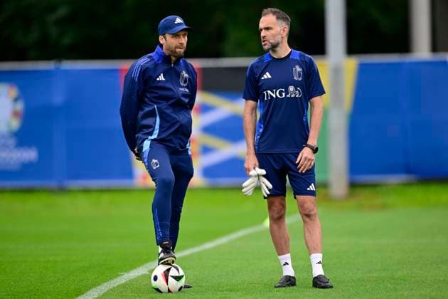 Belgium Media Activities UEFA EURO, EM, Europameisterschaft,Fussball 2024 14 06 2024 FREIBERG AM NECKA, GERMANY - JUNE 14 : Hinkel Andreas assistant coach of Belgium and Urwantschky Max goalkeeper coach of Belgian Team during a training session of the Belgian Red Devils at the UEFA Euro 2024 European Football Championship tournament on June 14, 2024 in Freiberg am Necka, Germany, 14 06 2024 Freiberg am Necka Germany  Copyright: xPeterxDexVoechtx