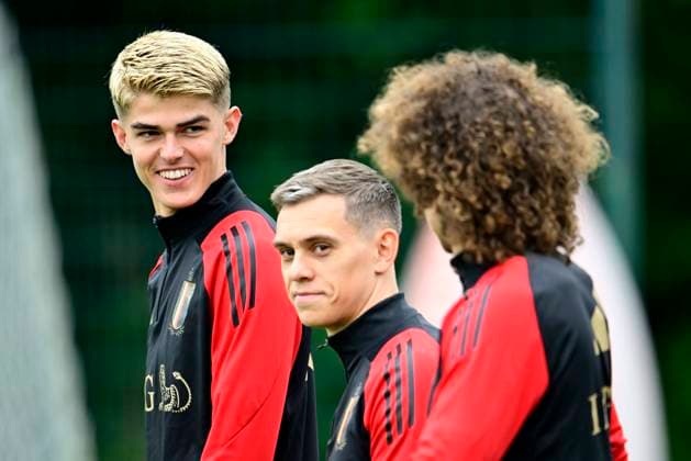 Belgium Media Activities UEFA EURO, EM, Europameisterschaft,Fussball 2024 14 06 2024 FREIBERG AM NECKA, GERMANY - JUNE 14 : De Ketelaere Charles midfielder of Belgium, Trossard Leandro forward of Belgium and Faes Wout defender of Belgium during a training session of the Belgian Red Devils at the UEFA Euro 2024 European Football Championship tournament on June 14, 2024 in Freiberg am Necka, Germany, 14 06 2024 Freiberg am Necka Germany  Copyright: xPeterxDexVoechtx