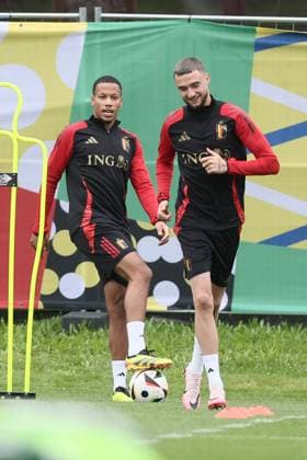 Belgium s Aster Vranckx and Belgium s Zeno Debast pictured during a training session of Belgian national soccer team Red Devils, Friday 14 June 2024 at their base camp in Freiberg am Neckar, Germany, in preparation of the UEFA EURO, EM, Europameisterschaft,Fussball 2024 European Soccer Championships. The Red Devils play in Group F at the Euro 2024 European Championships in Germany. BRUNOxFAHY  x94517161x