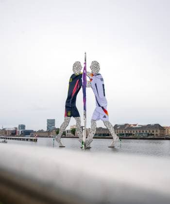 Football, men, 2023 2024 season, Euro 2024 in Germany, Molecule Man in the Spree decorated with jerseys of Manuel Neuer, Florian Wirtz and Toni Kroos, 14 06 2024, Copyright: xSebastianxRäppold MatthiasxKochx
