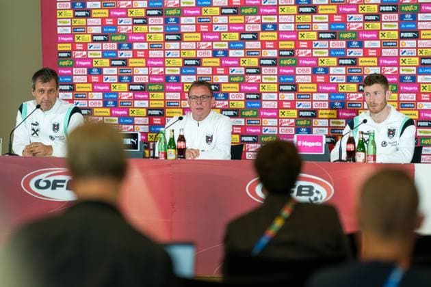 SOCCER - UEFA EURO, EM, Europameisterschaft,Fussball 2024 BERLIN,GERMANY,14.JUN.24 - SOCCER -UEFA EURO 2024, OEFB, Oesterreichischer Fussball-Bund, press conference, PK, Pressekonferenz Image shows head coach Ralf Rangnick and Florian Kainz (AUT).  GEPAxpictures xJohannesxFriedl