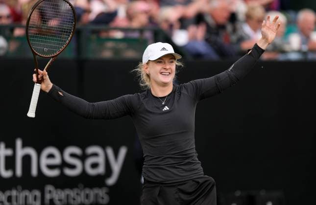 14th June 2024; Lexus Nottingham Tennis Centre, Nottingham, England; Rothesay Nottingham Open, Day 5; Francesca Jones celebrates winning match point in her win against Ashlyn Krueger, womens singles  ActionPlus12654062 PaulxBonser