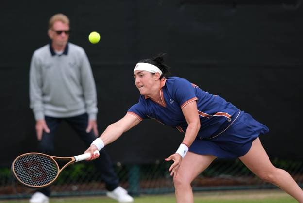 14th June 2024; Lexus Nottingham Tennis Centre, Nottingham, England; Rothesay Nottingham Open, Day 5; Ons Jabeur plays a forehand lob shot to Linda Fruhvirtova, womens singles  ActionPlus12654088 PaulxBonser