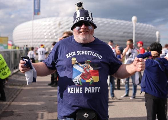 Munich, Germany, 14th June 2024. Scotland fans arriving at the stadium during the UEFA European Championships match at Allianz Arena, Munich. Picture credit should read: David Klein Sportimage EDITORIAL USE ONLY. No use with unauthorised audio, video, data, fixture lists, club league logos or live services. Online in-match use limited to 120 images, no video emulation. No use in betting, games or single club league player publications. SPI-3194-0022