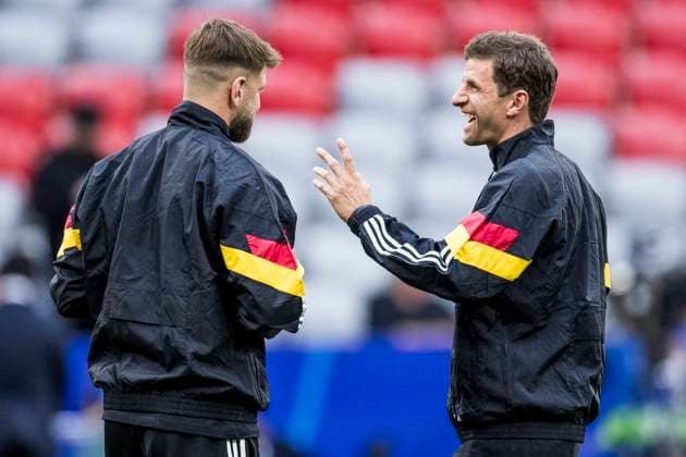 UEFA EURO 2024 Opening match Germany Scotland 14 06 2024 Thomas Müller Germany, 13 laughs with Niclas Füllkrug Germany, 9 UEFA EURO 2024 Opening match Germany Scotland Munich Football Arena, Munich on 14 06 2024 Copyright: xBEAUTIFULxSPORTS Wunderlx