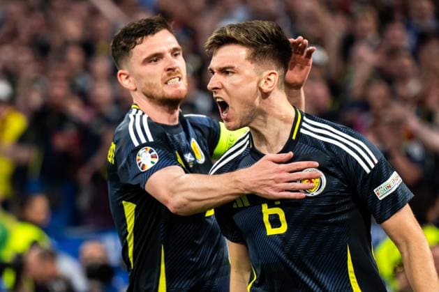 240614 Andrew Robertson and Kieran Tierney of Scotland during the UEFA Euro 2024 Football Championship match between Germany and Scotland on June 14, 2024 in Munich Photo Mathias Bergeld BILDBYRAN code MB MB0933 fotboll football soccer fotballs em europamästerskap em uefa euro uefa european football championship euro 2024 deutschland germany scotland bbeng skottland  Copyright: MATHIASxBERGELD BB240614MB056