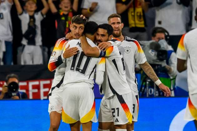 GER, UEFA Euro 2024, Group A, Germany GER vs Scotland SCO 14 06 2024, Allianz Arena, Muenchen, GER, UEFA Euro 2024, Group A, Germany GER vs Scotland SCO , pictured celebrating after the 2-0 goal by Jamal Musiala Germany 10 with lkay Gündo to Ilkay Guendogan Germany 21 nordphotoxGmbHx xStraubmeier nph00004