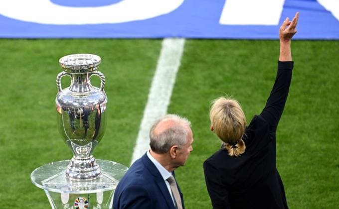 Football Euro 2024 opening match Group A 14 06 2024 Germany Scotland Opening ceremony in the arena in Munich Heidi Beckenbauer salutes her late husband Franz EM Trophaee in the arena in Munich