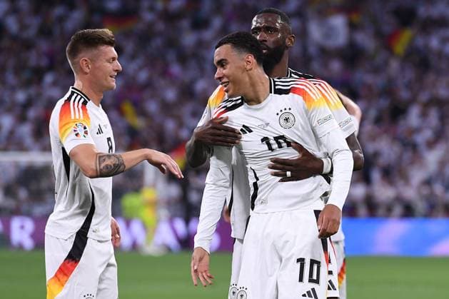 Soccer UEFA EURO 2024 group stage 1 match day opening match Germany Scotland on 14 06 2024 at the Munich Football Arena in Munich Goal celebration cheer Goal for 2 0 by Jamal Musiala Germany xRx