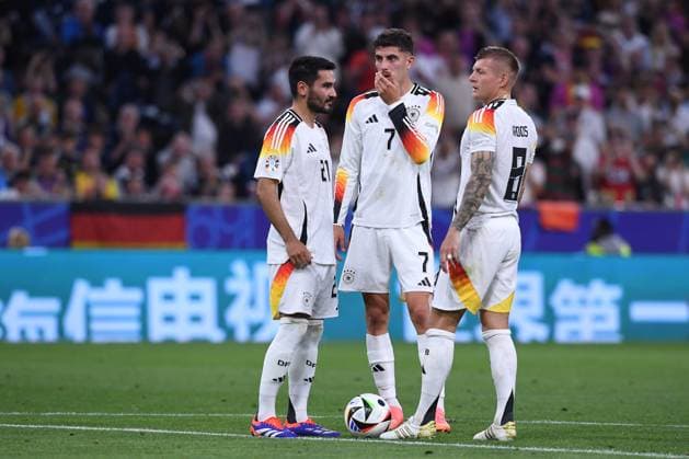 Soccer UEFA EURO 2024 group stage 1 match day opening match Germany Scotland on 14 06 2024 at the Munich Football Arena in Munich Ilkay Gündogan Germany , left Kai Havertz Germany , center Toni Kroos Germany , right xRx