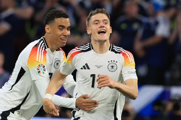 14th June 2024; Munich Football Arena, Munich, Germany; Euro 2024 Group A Football, Germany versus Scotland; 10 Jamal Musiala (GER), Attacking Midfield celebrates with goalscorer Florian Wirtz (GER) for 1-0 in the 10th minute  ActionPlus12654383 PierrexTeyssot