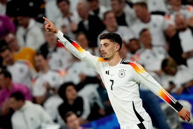 Germany s Kai Havertz celebrates after scoring 3-0 during the Euro 2024 soccer match between Germany and Scotland at the Allianz Arena , Munich, Germany - Friday 14 , June , 2024. - Soccer .  Copyright: xSpada LaPressex