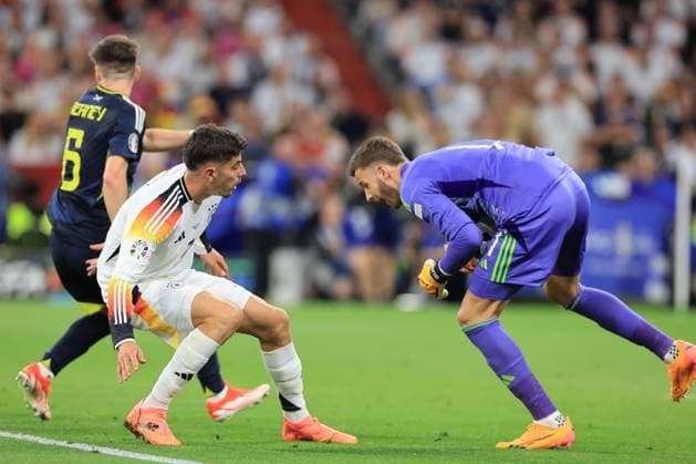 14th June 2024; Munich Football Arena, Munich, Germany; Euro 2024 Group A Football, Germany versus Scotland; Kieran Tierney (SCO) covers as Kai Havertz (GER), challenges keeper Angus Gunn (SCO) who collects the through ball  ActionPlus12654401 PierrexTeyssot