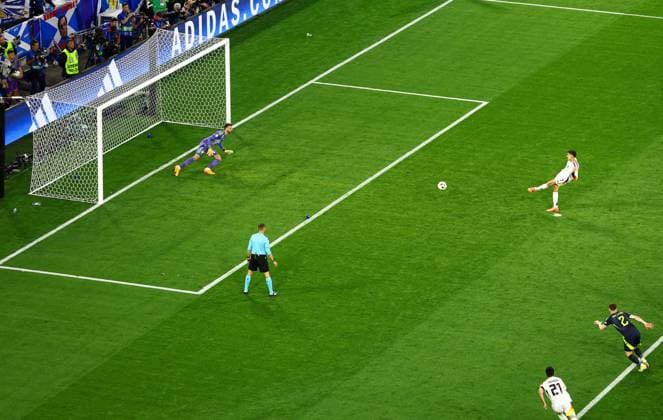 Kai Havertz of Germany scores a penalty for their side to make it 3-0 Germany v Scotland, UEFA European Championship, EM, Europameisterschaft 2024, Group A, Football, Munich Football Arena, Munich, Germany, 14 Jun 2024 EDITORIAL USE ONLY No use with unauthorised audio, video, data, fixture lists, club league logos or live services. Online in-match use limited to 120 images, no video emulation. No use in betting, games or single club league player publications.  Copyright: xKieranxMcManus Shutterstockx 14523770ca