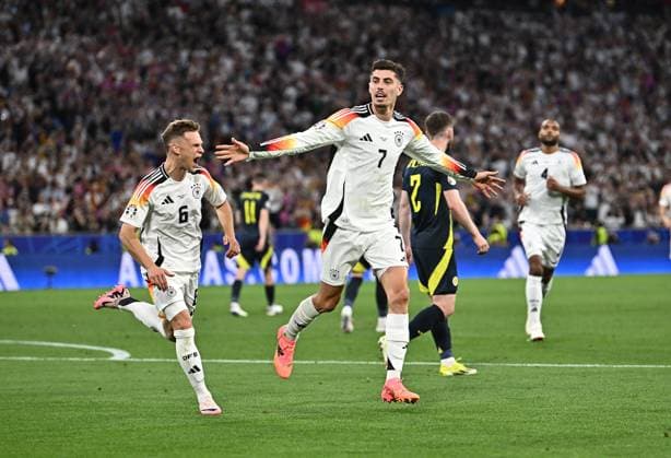 14 06 2024, xscotx, European Football Championship 2024, Germany Scotland, emspor, v l Joshua Kimmich German national football team DFB , Kai Havertz German national football team DFB celebrate the goal, The goal celebration for 3 0 Munich