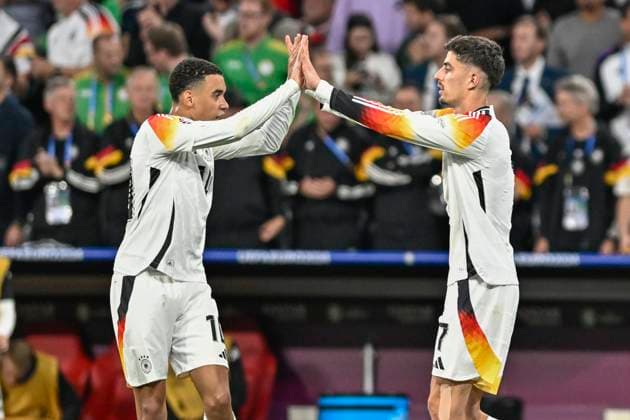 Kai Havertz 7, Germany celebrates after scoring 3-0 from the penalty spot with Jamal Musiala 10, Germany 14 06 2024 European Football Championship in Germany Germany vs Scotland, Allianz Arena, Munich, Bayern Germany Copyright: xpepphotox xHorstxMauelshagenx pep00321, pep_20240614_hm