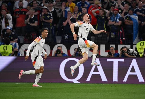 Cheers 1 0 Florian Wirtz Germany , Jamal Musiala Germany , v re 14 06 2024, European Football Championship 2024, Opening match, Preliminary round, 1 Matchday Germany Scotland Munich Allianz Arena Bavaria Germany Team2