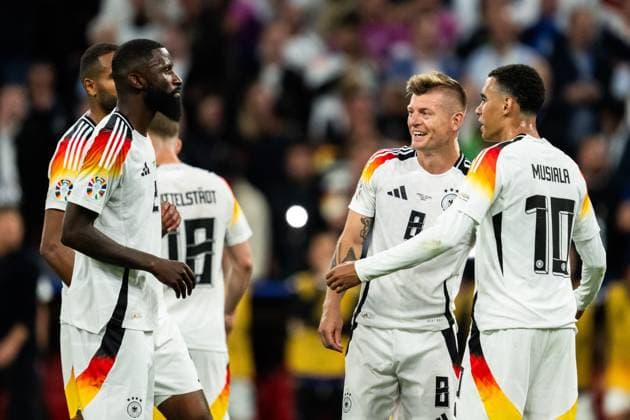 240614 Antonio Rüdiger, Toni Kroos and Jamal Musiala of Germany during the UEFA Euro 2024 Football Championship match between Germany and Scotland on June 14, 2024 in Munich Photo Mathias Bergeld BILDBYRAN kod MB MB0933 fotboll football soccer fotballs em europamästerskap em uefa euro uefa european football championship euro 2024 deutschland germany scotland bbeng skottland  Copyright: MATHIASxBERGELD BB240614MB094