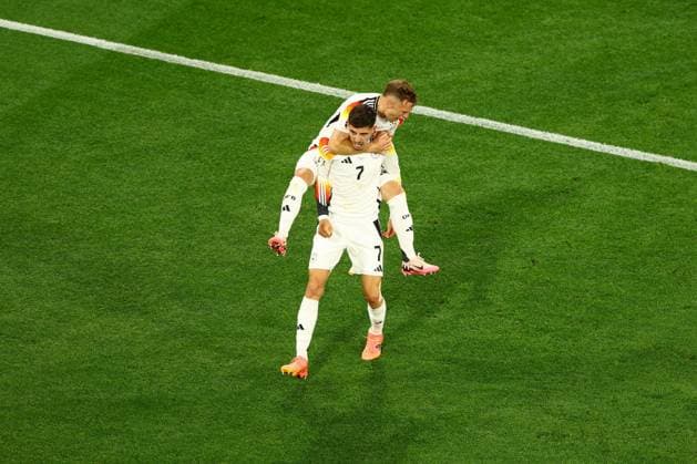 Kai Havertz of Germany celebrates scoring the goal for their side with their teammates to make it 3-0 Germany v Scotland, UEFA European Championship, EM, Europameisterschaft 2024, Group A, Football, Munich Football Arena, Munich, Germany, 14 Jun 2024 EDITORIAL USE ONLY No use with unauthorised audio, video, data, fixture lists, club league logos or live services. Online in-match use limited to 120 images, no video emulation. No use in betting, games or single club league player publications.  Copyright: xKieranxMcManus Shutterstockx 14523770cm