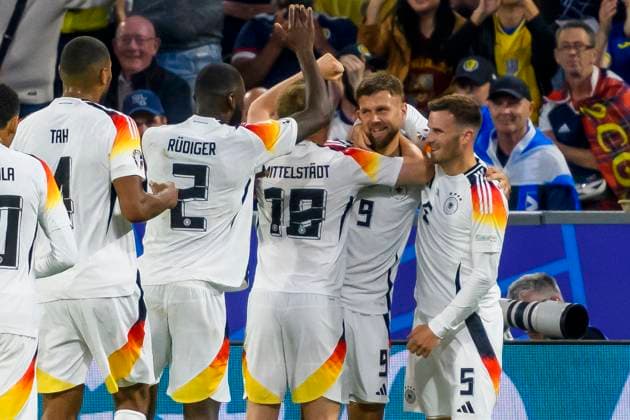 GER, UEFA Euro 2024, Group A, Germany GER vs Scotland SCO 14 06 2024, Allianz Arena, Munich, GER, UEFA Euro 2024, Group A, Germany GER vs Scotland SCO , pictured celebrating after the 4-0 goal by Niclas Füllkrug Fuellkrug Germany 9 Pascal Groß Gross Germany 5 Maximilian Mittelstädt Mittelstaedt Germany 18 Antonio Rüdiger Ruediger Germany 2 nordphotoxGmbHx xStraubmeier nph00004