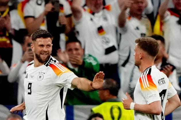 Germany s Niclas Fuellkrug celebrates after scoring 4-0 during the Euro 2024 soccer match between Germany and Scotland at the Allianz Arena , Munich, Germany - Friday 14 , June , 2024. - Soccer .  Copyright: xSpada LaPressex
