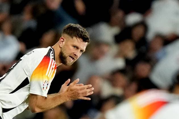 Germany s Niclas Fuellkrug celebrates after scoring 4-0 during the Euro 2024 soccer match between Germany and Scotland at the Allianz Arena , Munich, Germany - Friday 14 , June , 2024. - Soccer .  Copyright: xSpada LaPressex