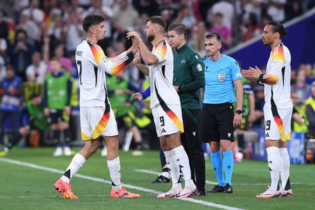 Soccer UEFA EURO 2024 group stage 1 match day opening match Germany Scotland on 14 06 2024 at the Munich Football Arena in Munich Kai Havertz Germany , left Niclas Füllkrug Germany , center Leroy Sane Germany , right Change xRx