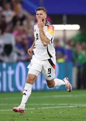 Munich, Germany, 14th June 2024. Niclas Fuellkrug of Germany celebrates scoring their fourth goal during the UEFA European Championships match at Allianz Arena, Munich. Picture credit should read: David Klein Sportimage EDITORIAL USE ONLY. No use with unauthorised audio, video, data, fixture lists, club league logos or live services. Online in-match use limited to 120 images, no video emulation. No use in betting, games or single club league player publications. SPI-3194-0117
