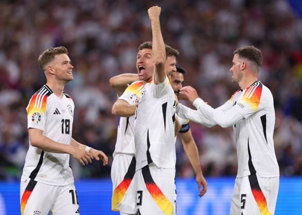 Munich, Germany, 14th June 2024. Thomas Mueller of Germany celebrates their sixth goal before it was ruled out for offside during the UEFA European Championships match at Allianz Arena, Munich. Picture credit should read: David Klein Sportimage EDITORIAL USE ONLY. No use with unauthorised audio, video, data, fixture lists, club league logos or live services. Online in-match use limited to 120 images, no video emulation. No use in betting, games or single club league player publications. SPI-3194-0119